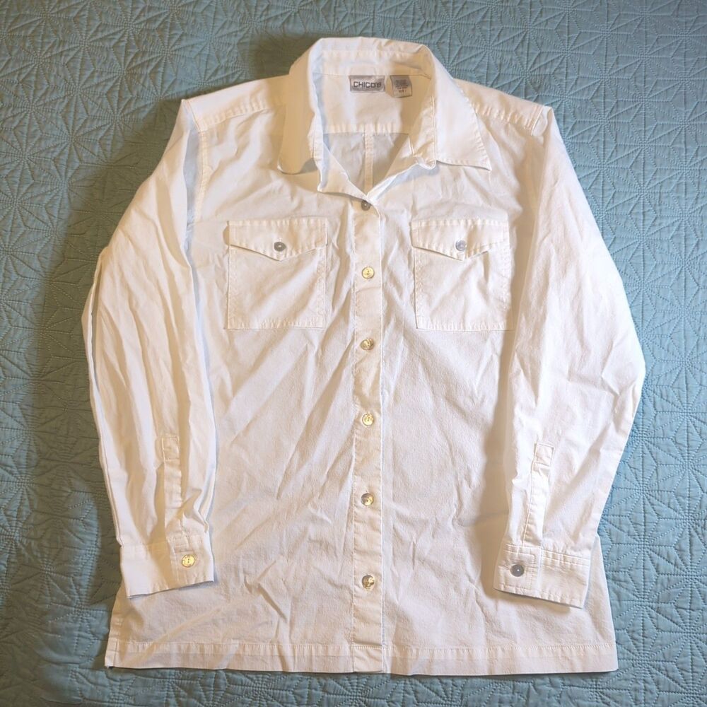 Chico's Women's Off White Button Up Top Sz 1 Button Pockets & Sleeves Classic